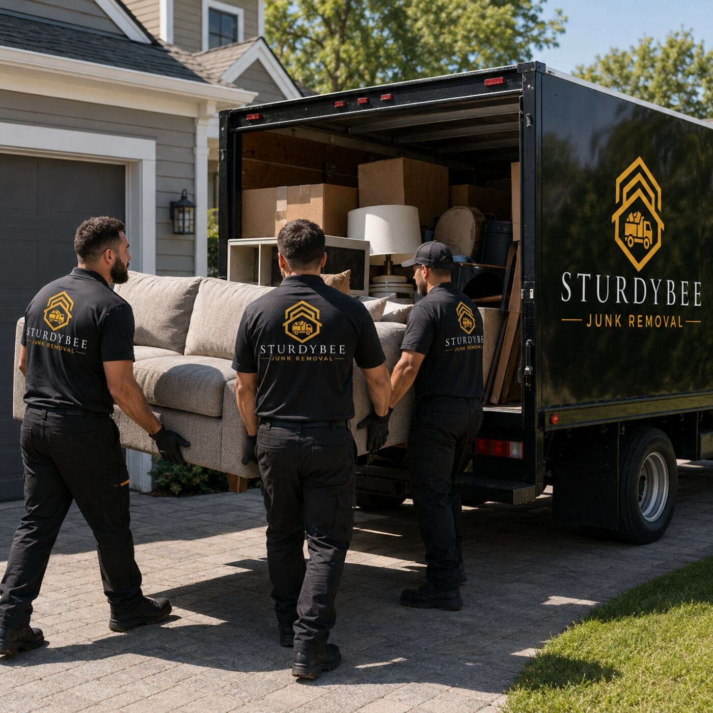 SturdyBee crew loading a couch into the truck outside a Metro Vancouver home