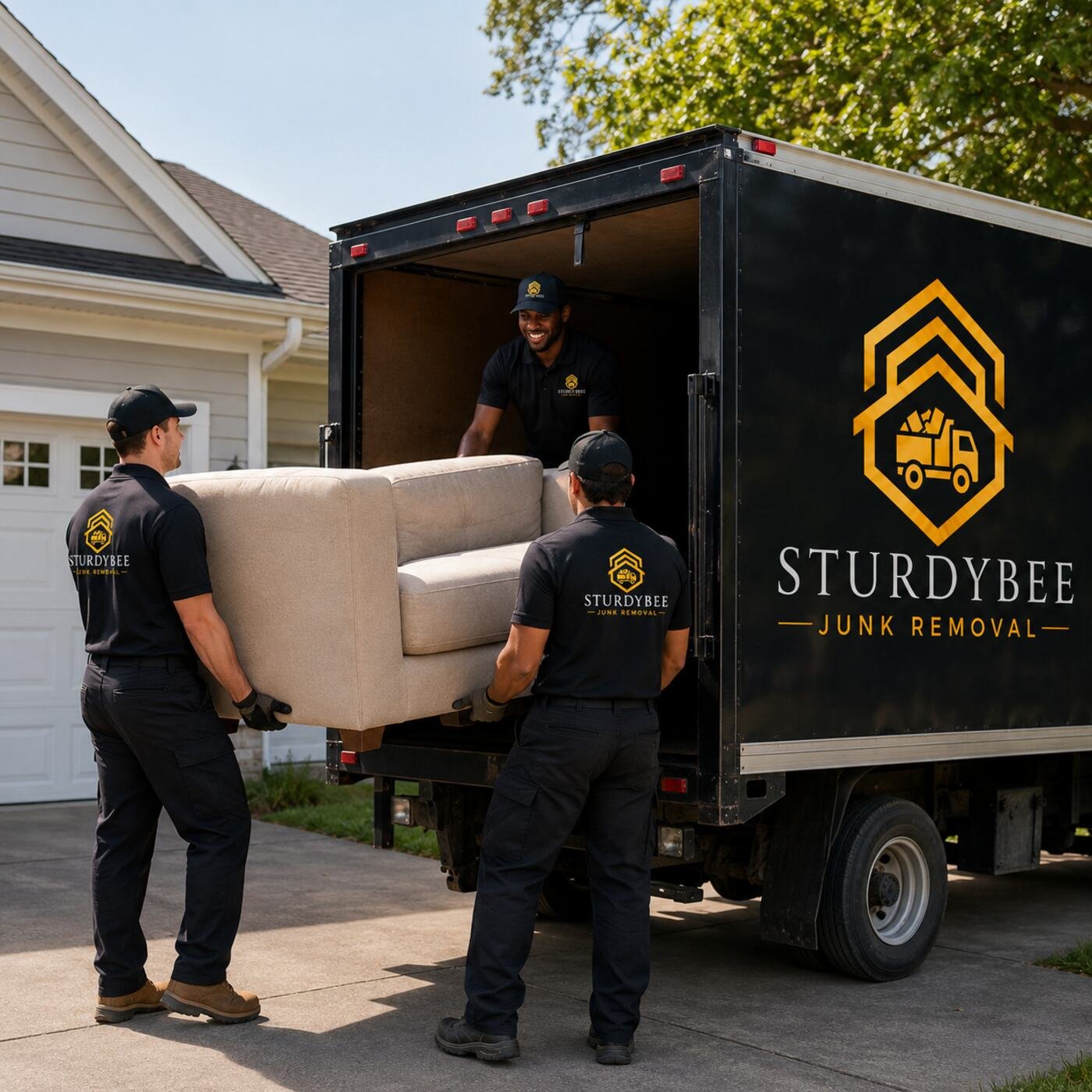SturdyBee crew loading furniture into the branded junk removal truck
